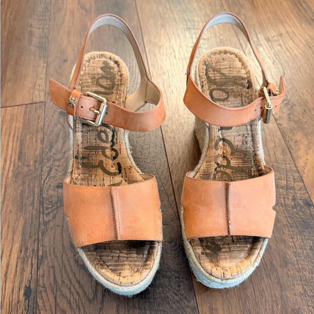 Sam Edelman Tan Leather Women's Wedges Sandals - Picture 2 of 14